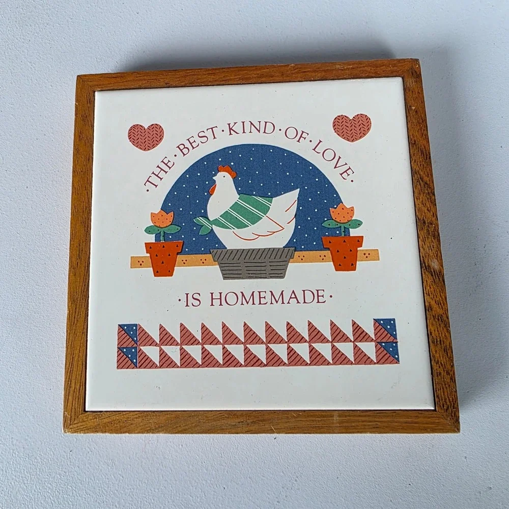Vtg Cottagecore Tile Trivet Best Kind of Love is Homemade Chicken Wood 6